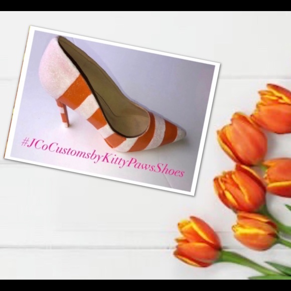 Women’s Custom Orange & White Glittered High Heels - Picture 6 of 7